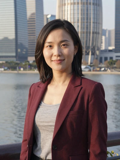 Wei Lin, 33, verified Chinese woman in burgundy blazer at a Shenzhen waterfront