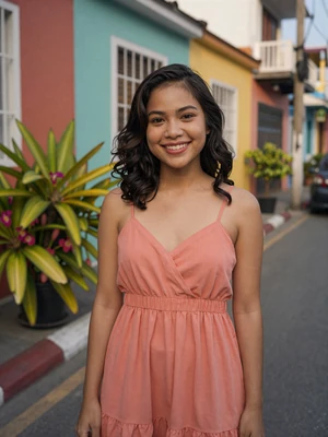 Joy, 26, verified Filipina woman in coral sundress on a Manila street with tropical plants