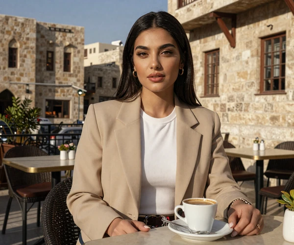 Stylish Jordanian woman enjoying Arabic coffee at a modern Amman cafe representing Jordanian dating culture