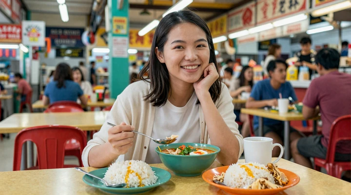 Singaporean woman enjoying traditional hawker centre food showcasing Singapore dating culture and culinary traditions