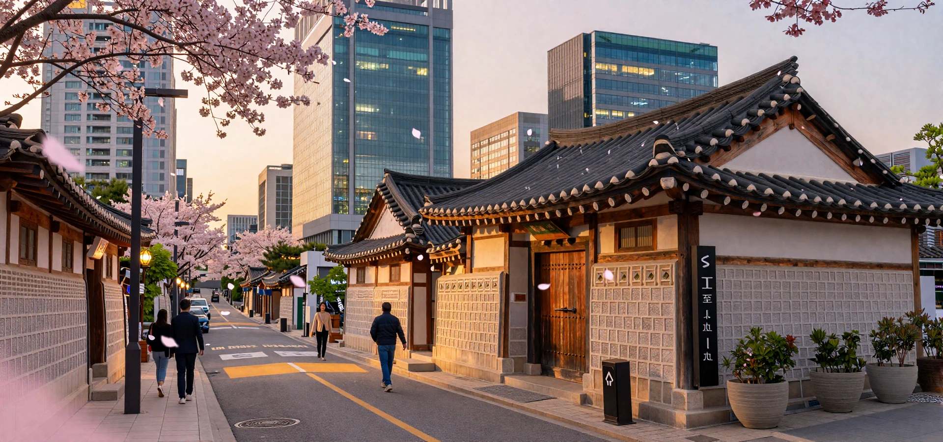 Golden hour over Seoul cityscape blending traditional hanok with modern towers representing Korean women dating culture