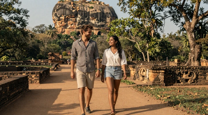 Western man and Sri Lankan woman exploring ancient Sigiriya together representing successful international dating