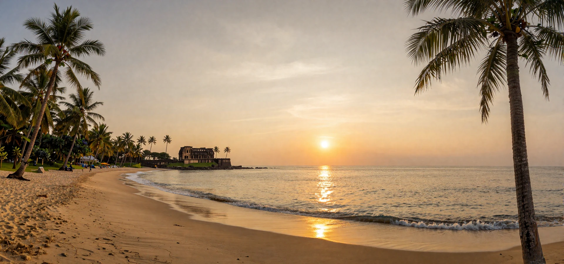 Golden sunset over Sri Lankan coastline with palm trees and ancient ruins representing Sri Lankan women dating culture