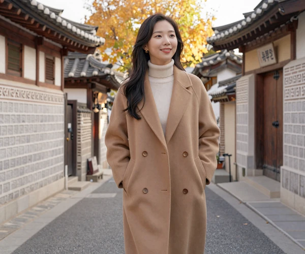 Stylish Korean woman walking through traditional Seoul neighborhood representing modern Korean dating lifestyle