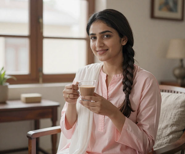 Pakistani woman enjoying chai tea at home representing warmth of Pakistani dating culture
