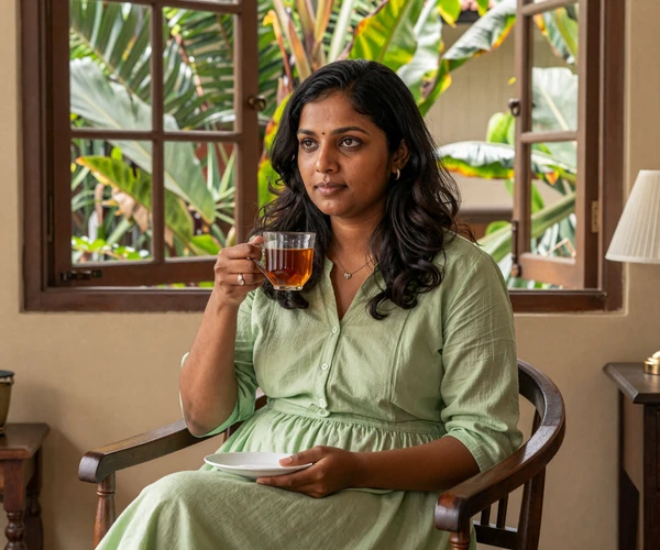 Sri Lankan woman enjoying Ceylon tea at home representing the warmth and hospitality of Sri Lankan dating culture