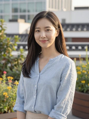 Soo-Jin, 26, verified Korean woman in light blue blouse at a Seoul rooftop garden