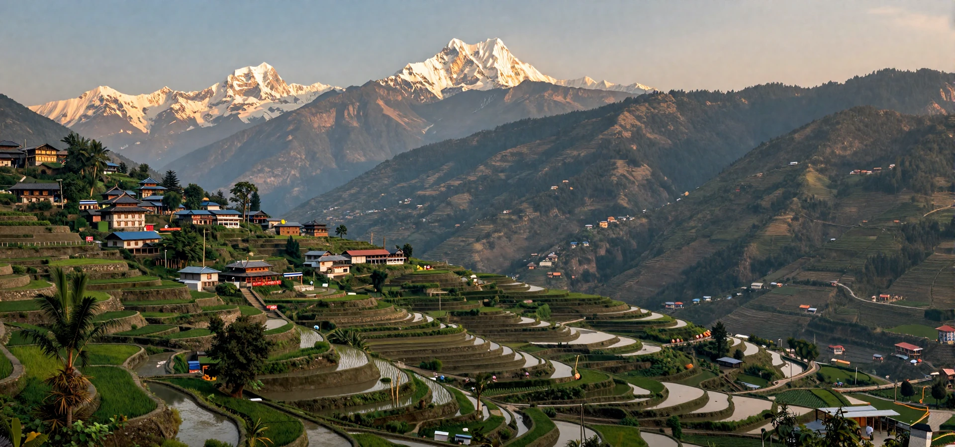 Golden hour over Himalayan landscape representing Nepali women dating culture and Nepal countryside