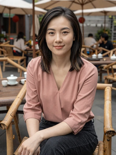 Xiao Wei, 32, verified Chinese woman in rose blouse at a Chengdu tea house