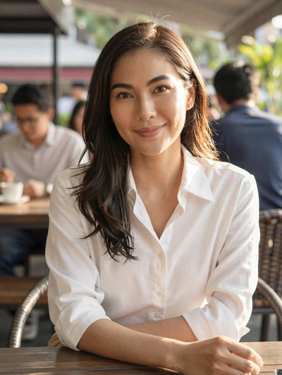 Anong, 30, verified Thai woman in white shirt at an outdoor cafe in Bangkok