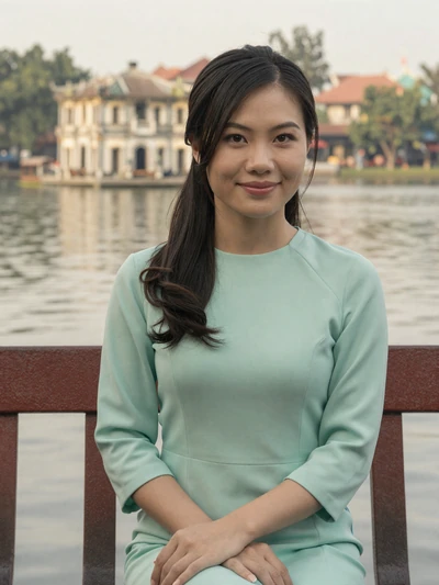 Thao, 28, verified Vietnamese woman in mint blouse near Hoan Kiem Lake in Hanoi