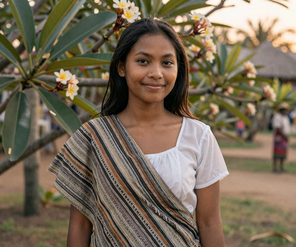 Timorese woman wearing traditional tais cloth in a tropical garden representing East Timorese dating culture and warmth