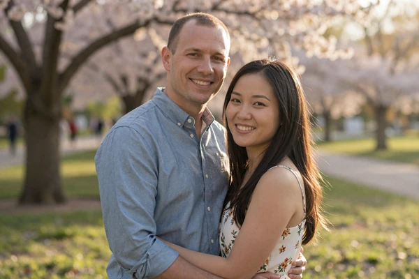 Michael and Linh smiling together in a sunlit park after meeting on Best Dating Zone