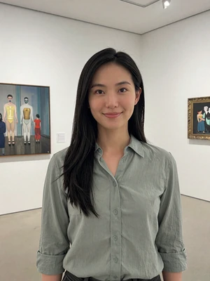 Mei, 27, verified Chinese woman in sage green blouse at a modern Shanghai art gallery