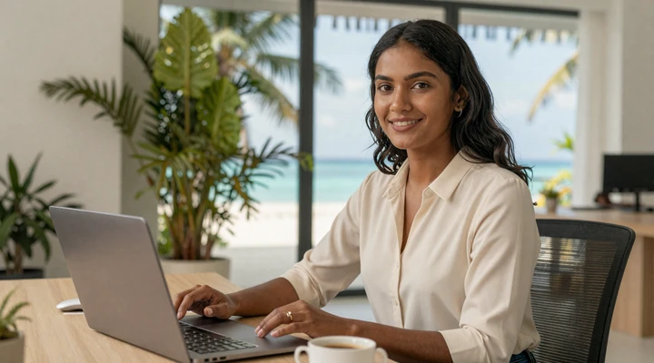 Maldivian professional woman at modern office with ocean view representing career-oriented Maldivian singles