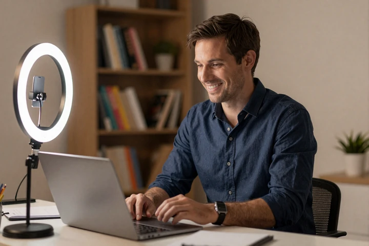 Man preparing for a video date at a clean home office desk with ring light and laptop setup