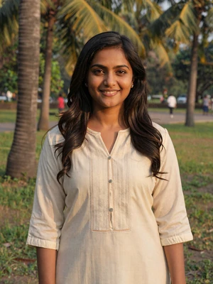 Kavya, 30, verified Indian woman in cream embroidered kurta at a Mumbai park with palm trees