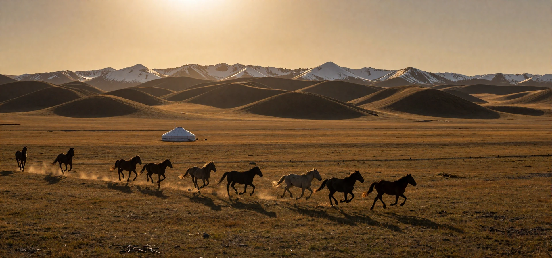 Golden hour over Mongolian steppe with ger tents and wild horses representing Mongolian women dating culture