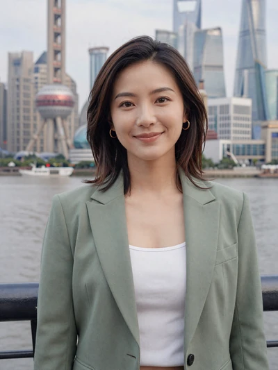 Mei, 31, Chinese woman in a sage green blazer at the Shanghai waterfront