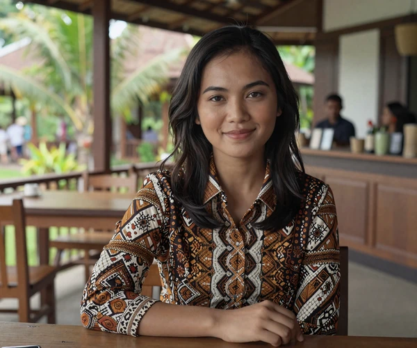 Indonesian woman in modern batik blouse at a cafe representing the warmth of Indonesian dating culture