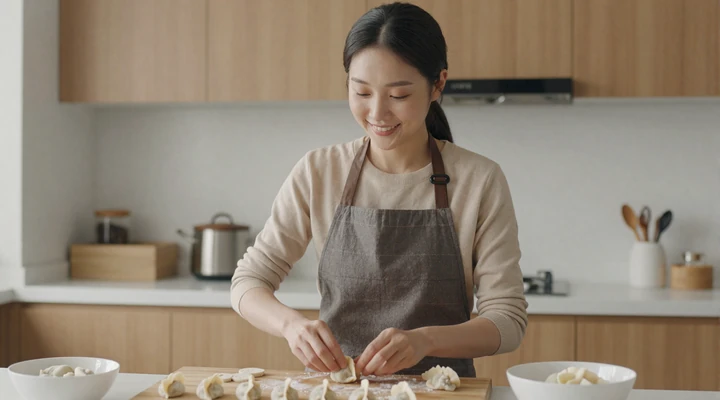North Korean woman preparing traditional Korean mandu dumplings showcasing domestic skills in cross-cultural dating