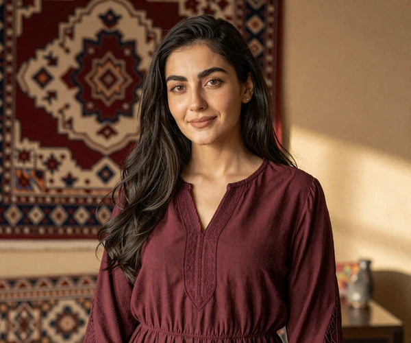 Turkmen woman in elegant casual dress with traditional carpet background representing warmth of Turkmen dating culture
