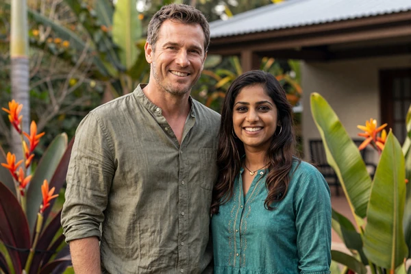 James and Priya smiling in a tropical garden representing successful cross-cultural dating