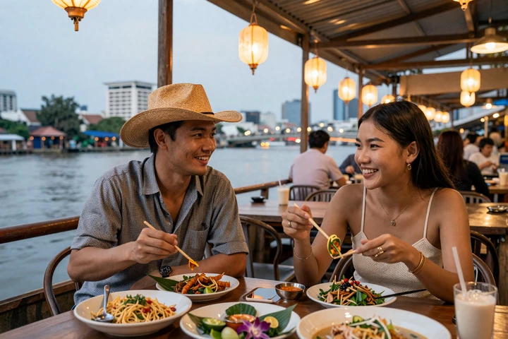 Western man and Thai woman enjoying dinner at a riverside restaurant in Bangkok during evening