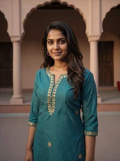Priya, 28, verified Indian woman in teal kurta with gold embroidery in a sunlit Mumbai courtyard