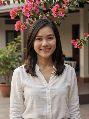 Sokha, 27, verified Cambodian woman in white linen blouse in a Phnom Penh garden with flowers
