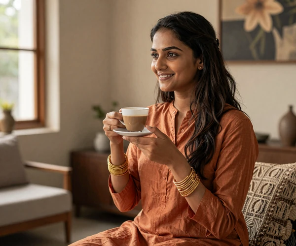 Indian woman enjoying chai at home in warm modern interior representing Indian dating lifestyle