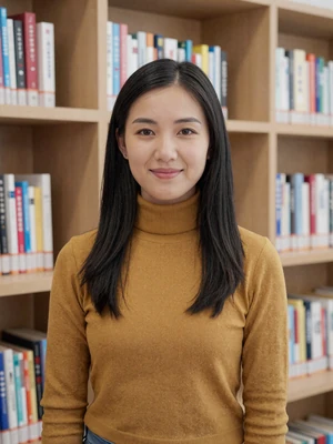 Solongo, 25, verified Mongolian woman in mustard turtleneck at a modern library in Darkhan