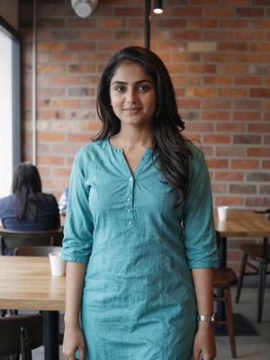 Ananya, 31, verified Indian woman in teal kurti at a modern Bangalore cafe