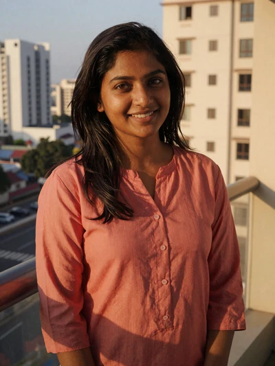 Priya, 29, Indian woman in a coral kurta on a balcony with Mumbai city view