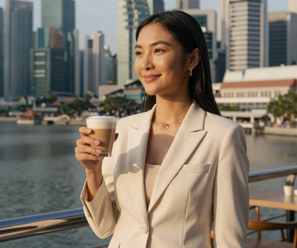Stylish Singaporean woman at waterfront cafe representing cosmopolitan Singaporean women dating culture