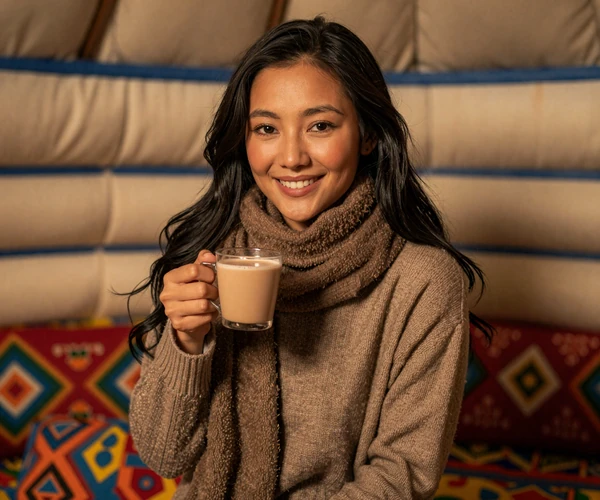 Mongolian woman enjoying traditional milk tea inside a ger representing warmth of Mongolian dating culture