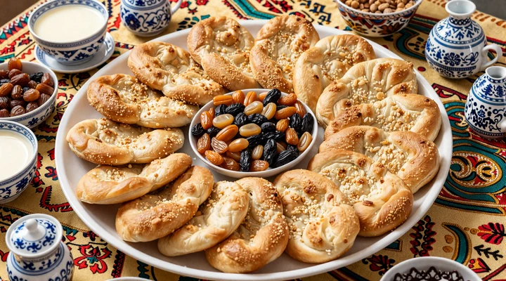 Traditional Kazakh dastarkhan feast table with beshbarmak and baursak showcasing Kazakh hospitality culture
