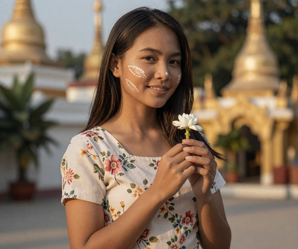Burmese woman in traditional Myanmar attire with thanaka paste representing warmth and beauty of Myanmar dating culture