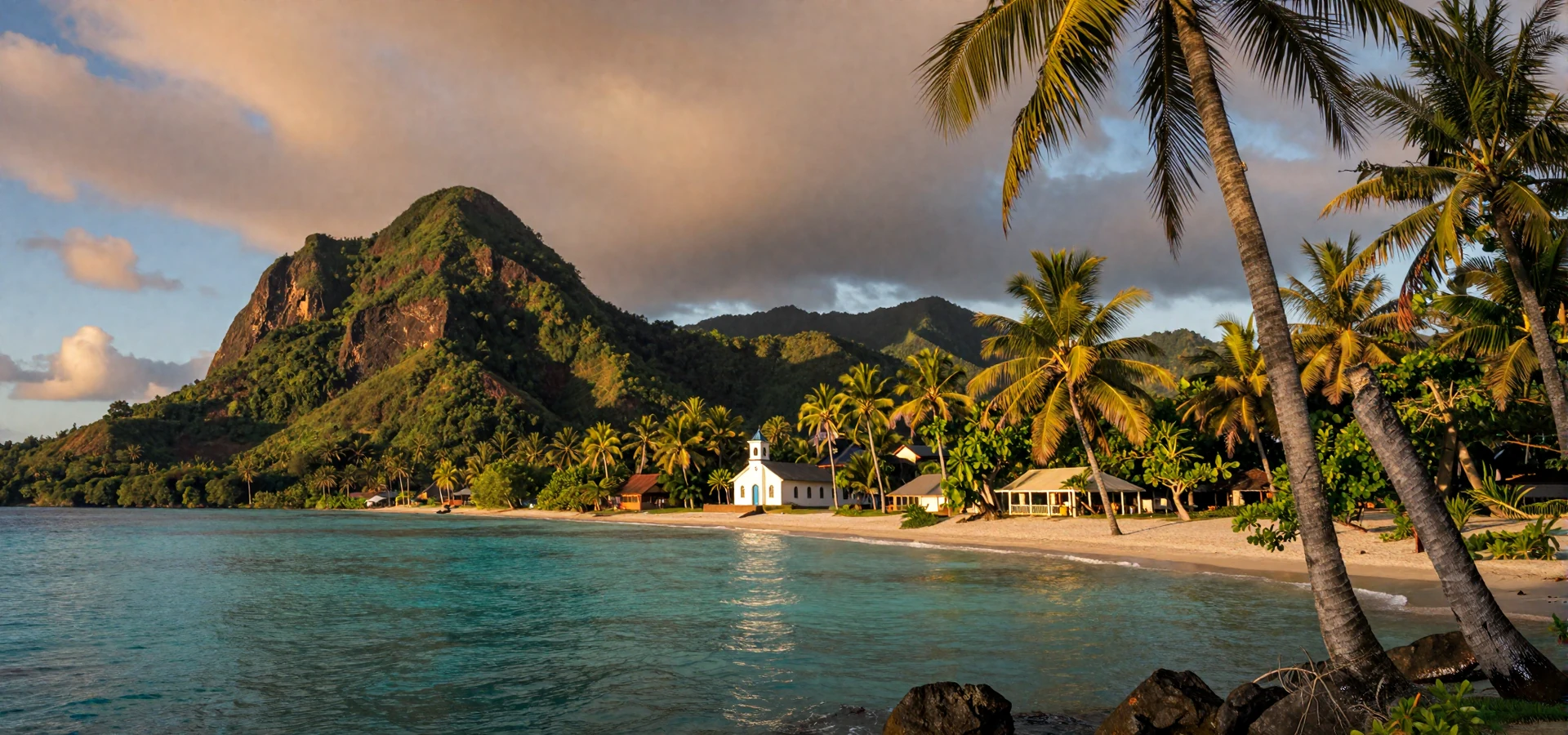 Golden hour coastal landscape of Timor-Leste with Catholic church and tropical mountains representing Timorese dating culture