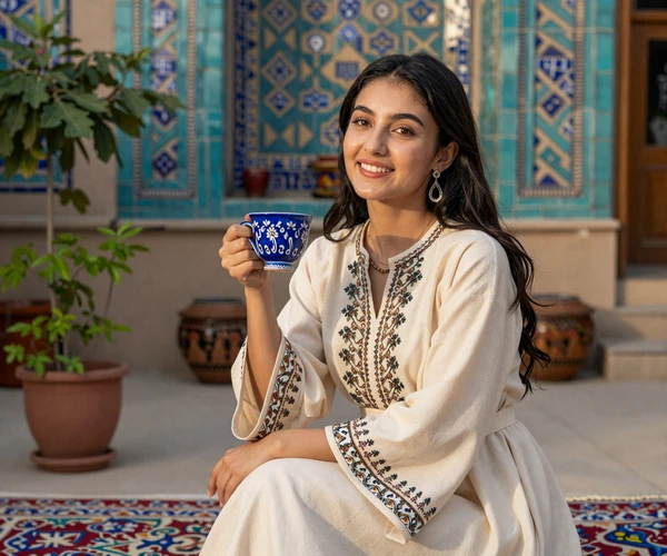 Uzbek woman in elegant dress enjoying traditional tea representing warmth of Uzbek dating culture