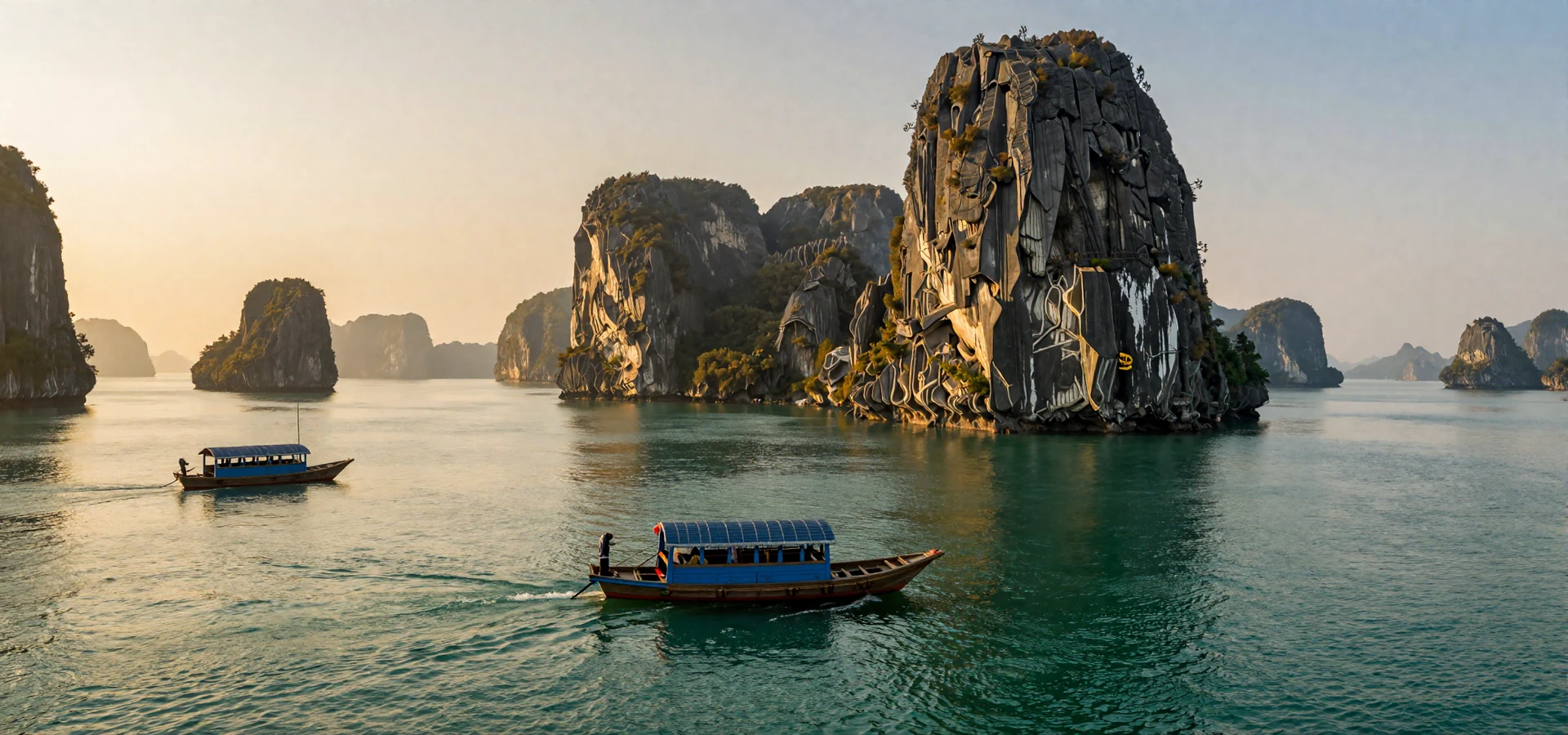 Golden hour over Ha Long Bay Vietnam representing Vietnamese women dating culture and romance
