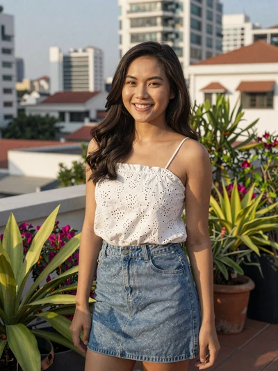 Thanh, 24, verified Vietnamese woman in white blouse at a rooftop garden in Ho Chi Minh City