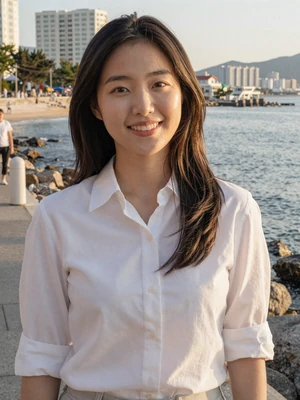 Ji-Yeon, 29, verified Korean woman in white shirt at a Busan seaside promenade at golden hour