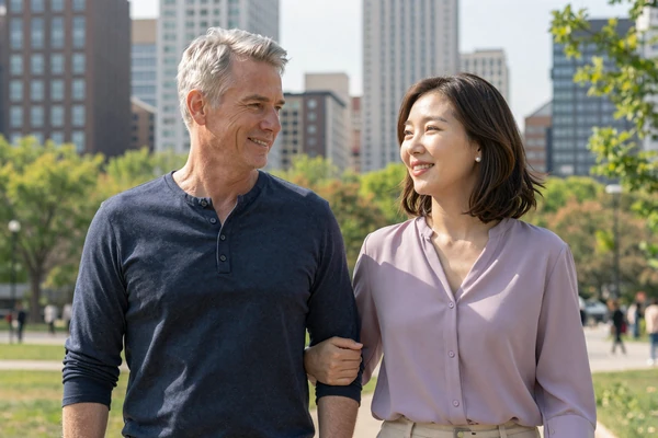 Steven and Min-Ji strolling arm in arm through a city park as international couple success