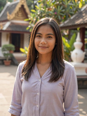 Nong, 29, verified Thai woman in lavender blouse at a Chiang Mai temple courtyard