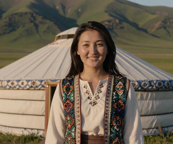 Kyrgyz woman in traditional embroidered vest near a mountain yurt representing warmth of Kyrgyz women dating culture