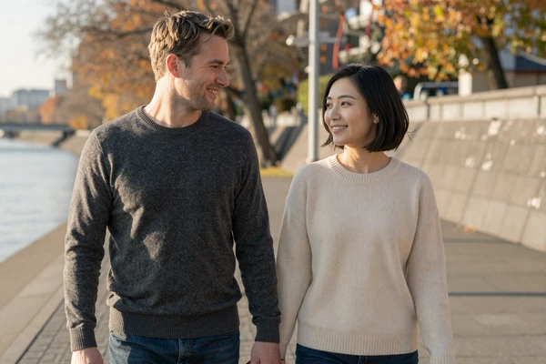 Robert and Yuki walking along a riverside promenade during autumn as a real love story
