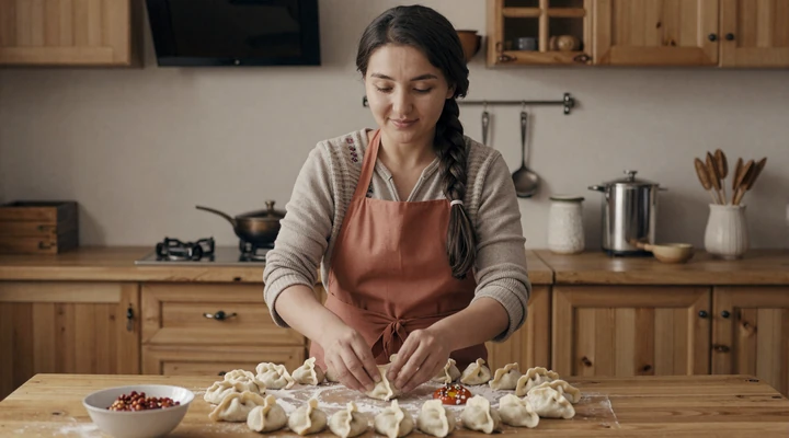 Kyrgyz woman preparing traditional manty dumplings showcasing hospitality in Kyrgyz women dating culture