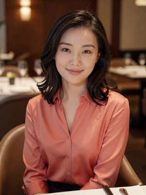Ling, 33, verified Chinese woman in coral silk blouse at an elegant Beijing restaurant