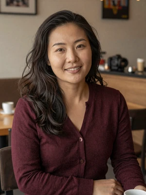 Oyuun, 30, verified Mongolian woman in burgundy cardigan at a cozy Ulaanbaatar coffee shop